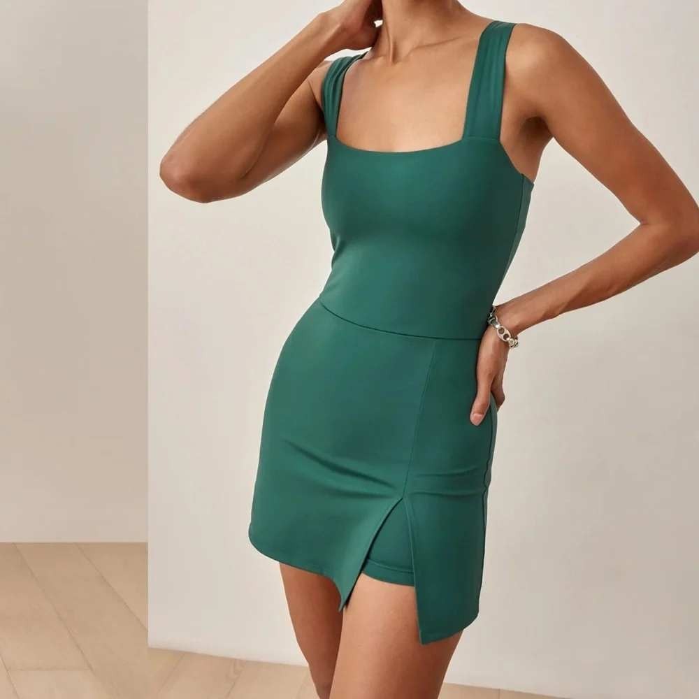Reformation EcoMove Daria Active Dress Size L Green Square Neck Built In Shorts